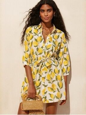 J.Crew Lemon Print Cinched Shirt Dress Medium Summer Euro Coastal